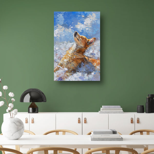 Hond genietend van de sneeuw en zon poster
