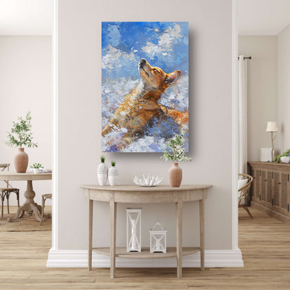 Hond genietend van de sneeuw en zon poster
