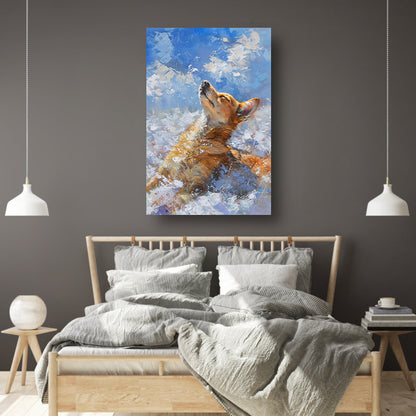 Hond genietend van de sneeuw en zon poster