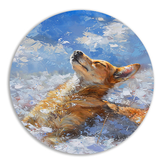 Hond genietend van de sneeuw en zon aluminium muurcirkel