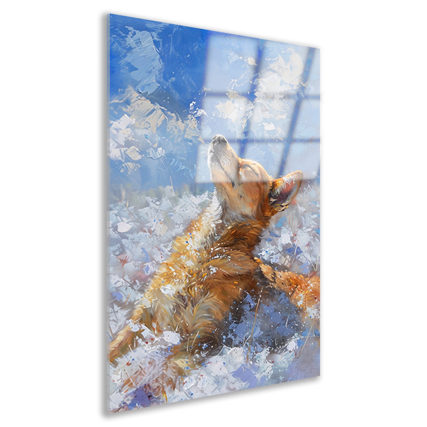 Hond genietend van de sneeuw en zon acrylglas