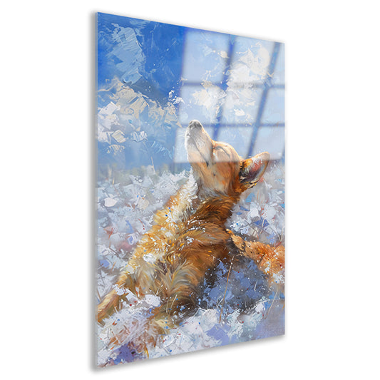 Hond genietend van de sneeuw en zon acrylglas