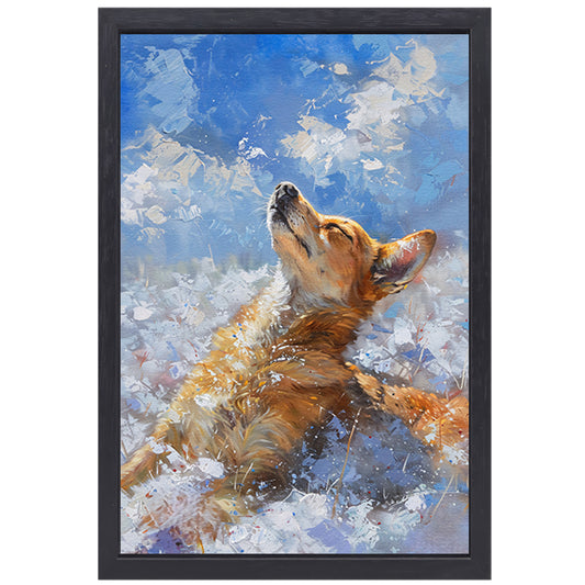 Hond genietend van de sneeuw en zon canvas met baklijst