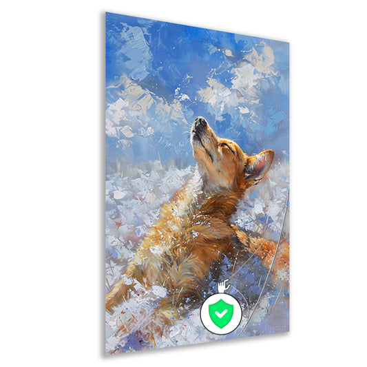 Hond genietend van de sneeuw en zon poster