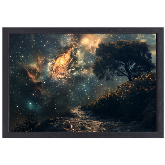 Nachtelijke bomen onder sterrenhemel canvas met baklijst
