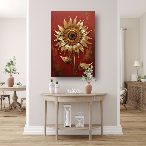 Gouden Zonnebloem op Dieprode Achtergrond canvas