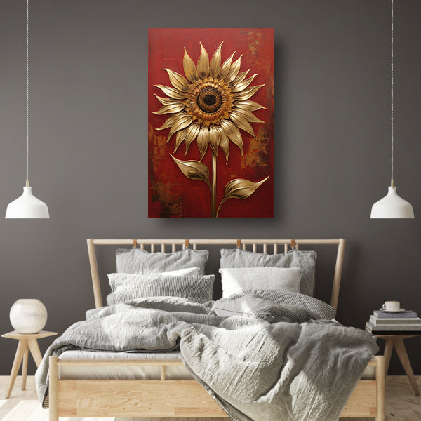 Gouden Zonnebloem op Dieprode Achtergrond canvas