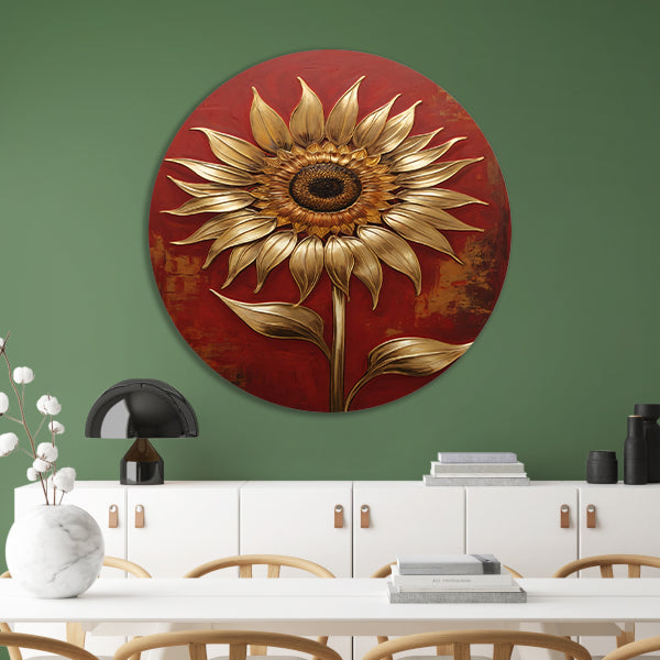 Gouden Zonnebloem op Dieprode Achtergrond aluminium muurcirkel
