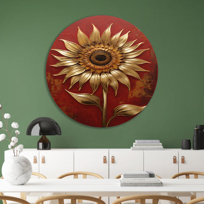 Gouden Zonnebloem op Dieprode Achtergrond aluminium muurcirkel