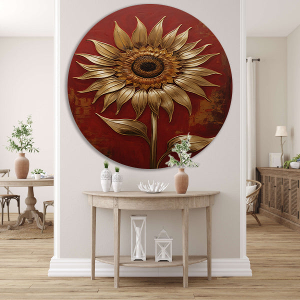 Gouden Zonnebloem op Dieprode Achtergrond aluminium muurcirkel