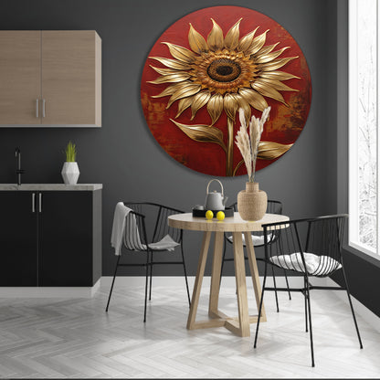 Gouden Zonnebloem op Dieprode Achtergrond aluminium muurcirkel