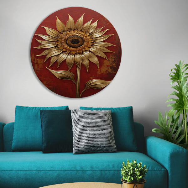 Gouden Zonnebloem op Dieprode Achtergrond aluminium muurcirkel