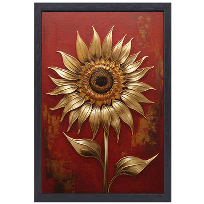 Gouden Zonnebloem op Dieprode Achtergrond canvas met baklijst
