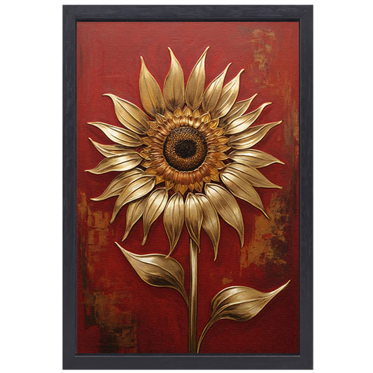 Gouden Zonnebloem op Dieprode Achtergrond canvas met baklijst