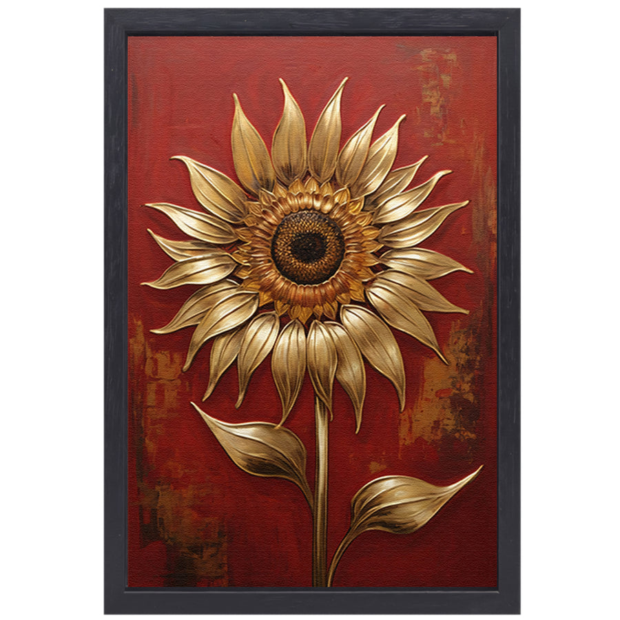Gouden Zonnebloem op Dieprode Achtergrond canvas met baklijst