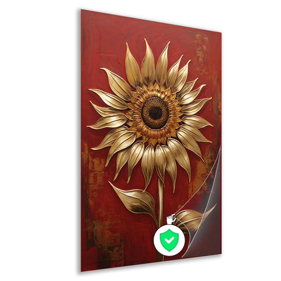 Gouden Zonnebloem op Dieprode Achtergrond poster