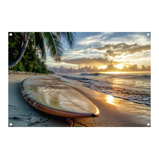 Zonsondergang met surfboard tuinposter