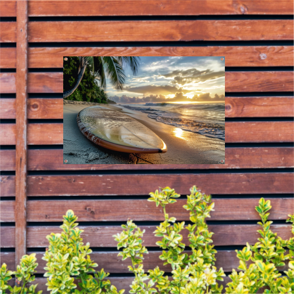 Zonsondergang met surfboard tuinposter