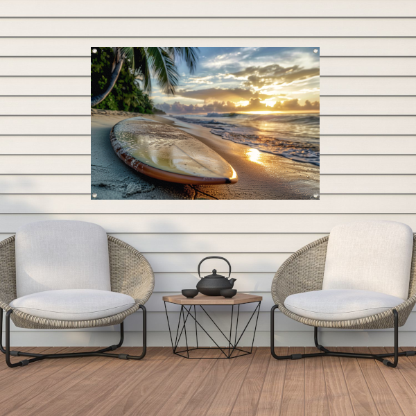 Zonsondergang met surfboard tuinposter