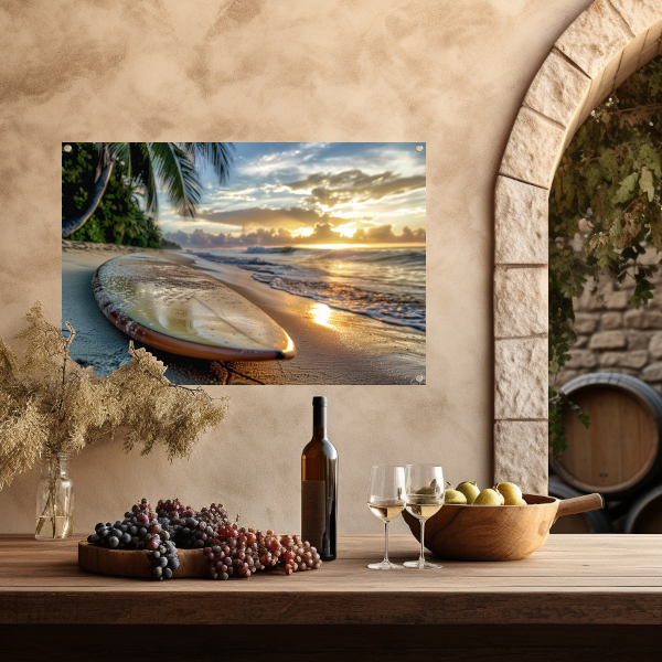 Zonsondergang met surfboard tuinposter