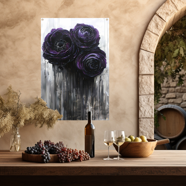Grote Abstracte Bloemen in Zwart en Paars tuinposter