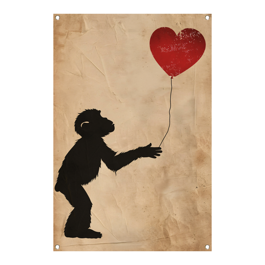 Silhouet van een aap met hartvormige ballon tuinposter