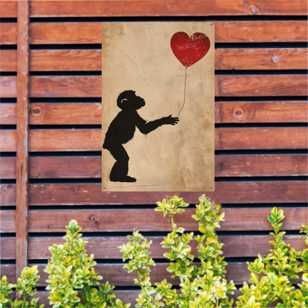 Silhouet van een aap met hartvormige ballon tuinposter
