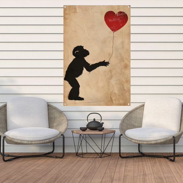 Silhouet van een aap met hartvormige ballon tuinposter