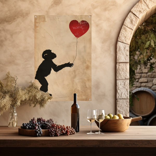 Silhouet van een aap met hartvormige ballon tuinposter