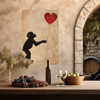 Silhouet van een aap met hartvormige ballon tuinposter