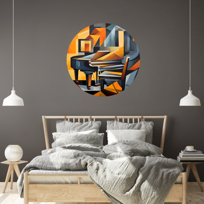 Abstracte Piano en Stoel in Kubisme aluminium muurcirkel