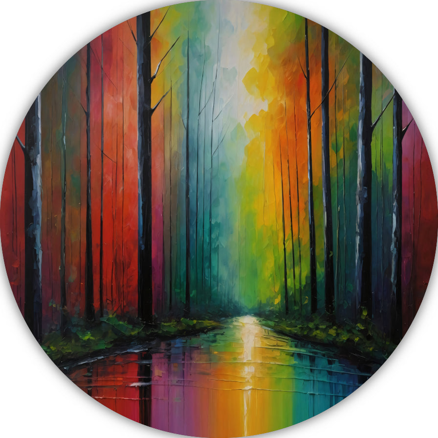 Impressionistische Reflectie van een Kleurrijk Bos aluminium muurcirkel