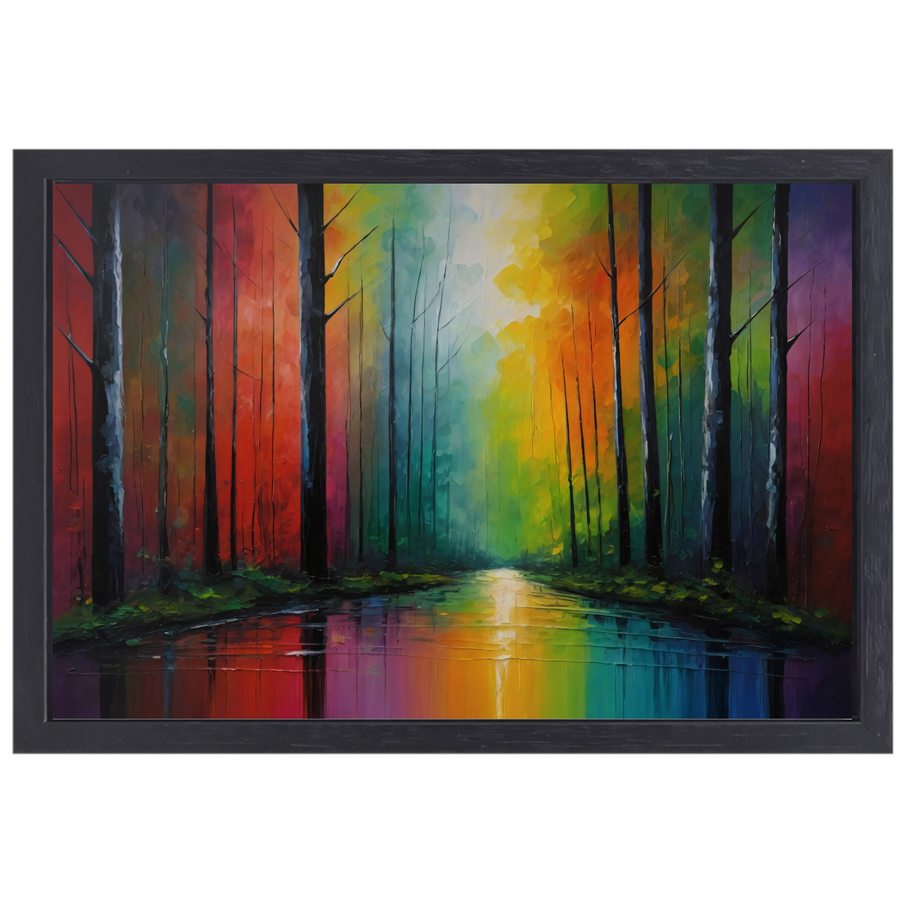 Impressionistische Reflectie van een Kleurrijk Bos canvas met baklijst