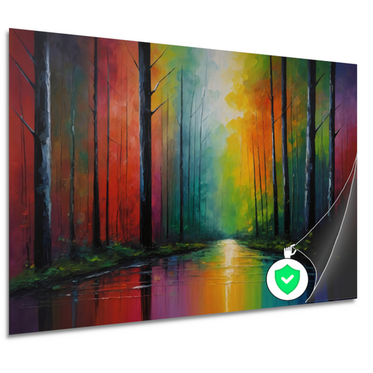 Impressionistische Reflectie van een Kleurrijk Bos poster