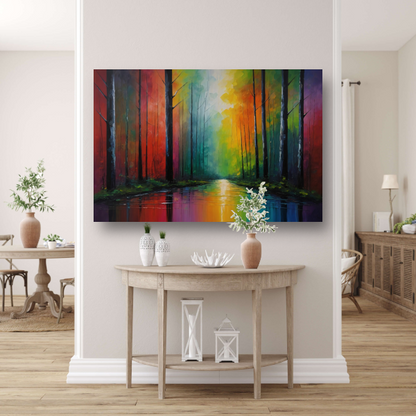 Impressionistische Reflectie van een Kleurrijk Bos poster