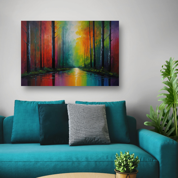 Impressionistische Reflectie van een Kleurrijk Bos poster