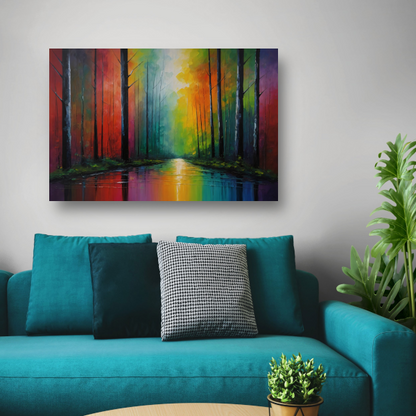 Impressionistische Reflectie van een Kleurrijk Bos poster