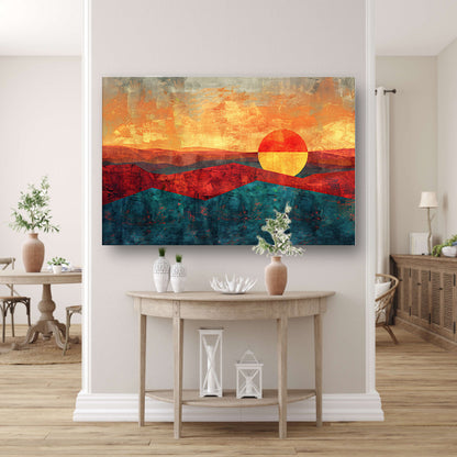 Kleurrijke digitale kunst van zonsondergang landschap canvas met baklijst