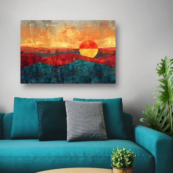 Kleurrijke digitale kunst van zonsondergang landschap canvas met baklijst