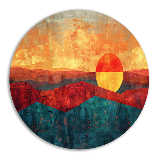 Kleurrijke digitale kunst van zonsondergang landschap aluminium muurcirkel