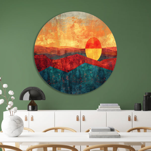 Kleurrijke digitale kunst van zonsondergang landschap aluminium muurcirkel