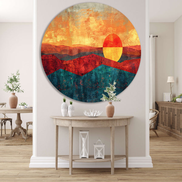 Kleurrijke digitale kunst van zonsondergang landschap aluminium muurcirkel