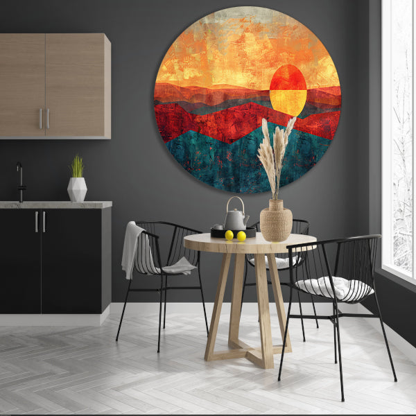 Kleurrijke digitale kunst van zonsondergang landschap aluminium muurcirkel