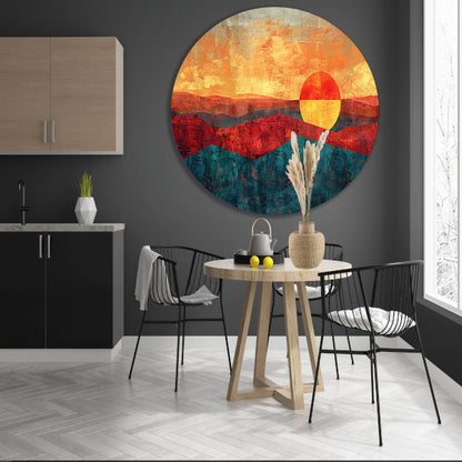 Kleurrijke digitale kunst van zonsondergang landschap aluminium muurcirkel