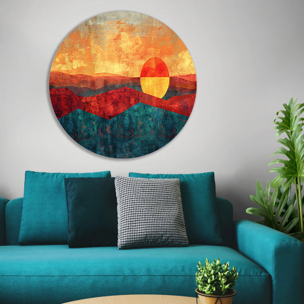 Kleurrijke digitale kunst van zonsondergang landschap aluminium muurcirkel