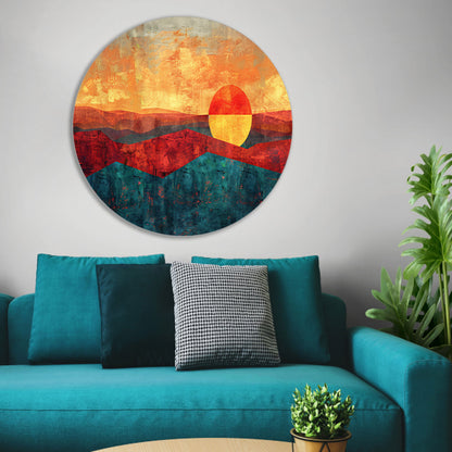 Kleurrijke digitale kunst van zonsondergang landschap aluminium muurcirkel