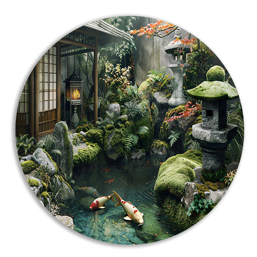 Serene Japanse tuin met koi vissen   forex muurcirkel