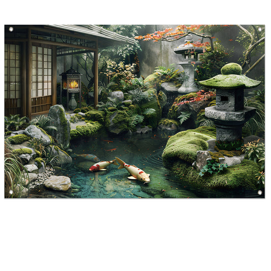 Serene Japanse tuin met koi vissen   tuinposter