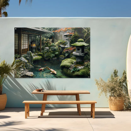 Serene Japanse tuin met koi vissen   tuinposter