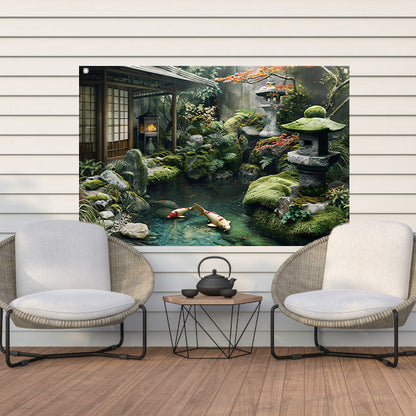 Serene Japanse tuin met koi vissen   tuinposter